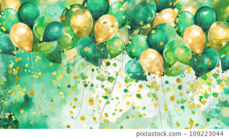 A watercolor image featuring a green and gold balloon 109223044