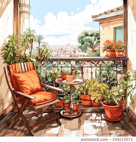 Watercolor oasis A balcony garden blooms in pots Watercolor oasis A balcony garden blooms in pots 109223071