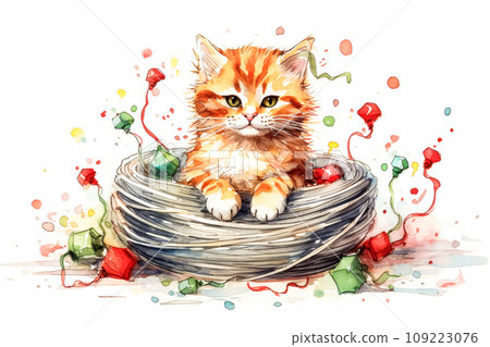 watercolor masterpiece adorable kitten amidst Christmas decorations watercolor masterpiece adorable kitten amidst Christmas decorations 109223076