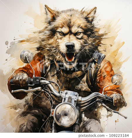 Watercolor adventure unfolds A wolf on a motorcycle Watercolor adventure unfolds A wolf on a motorcycle 109223184