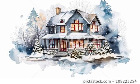 A cozy house nestled in a snowy forest 109223254