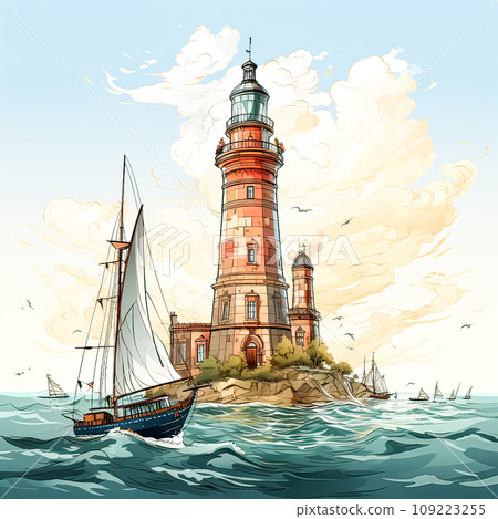 Dramatic watercolor A stormy sea frames a resilient lighthousean evocative 109223255