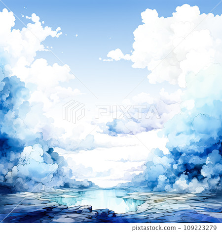 Serene watercolor landscape in soothing blues 109223279