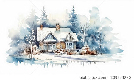 A cozy house nestled in a snowy forest 109223280
