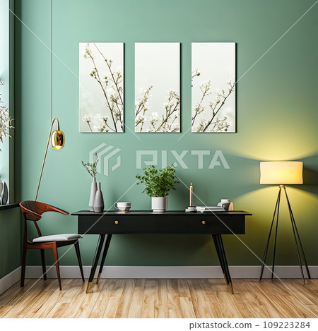 Design dreams unfold in watercolor a chic apartment with modular paintings mockup 109223284