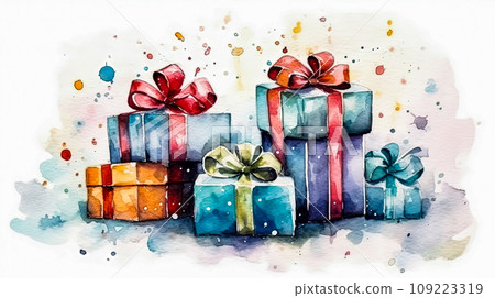 a watercolor depiction of elegantly wrapped gift boxes a watercolor depiction of elegantly wrapped gift boxes 109223319