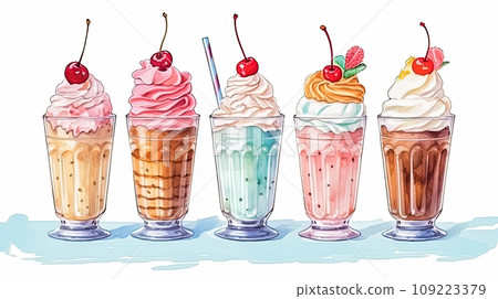 watercolor art a glass of ice cream adorned with cherries and strawberries 109223379
