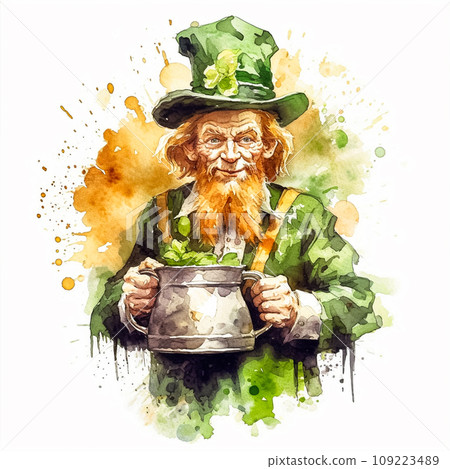 watercolor image featuring a playful leprechaun adorned in charming green attire and hat 109223489