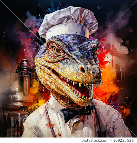 Dinosaur in chef uniform in kitchen cooking food 109223528