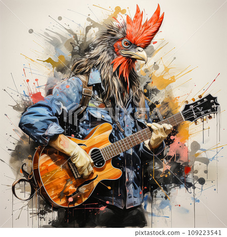 A whimsical watercolor illustration featuring a rooster playing a guitar 109223541