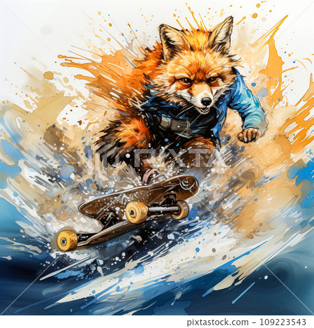 A watercolor illustration of a fashionable skateboarding fox 109223543