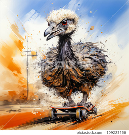 A watercolor image of an ostrich effortlessly riding a skateboard 109223566