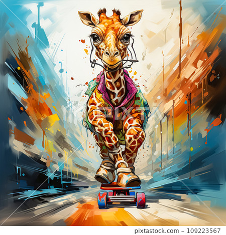 A watercolor illustration of a fashionable giraffe on a skateboard A watercolor illustration of a fashionable giraffe on a skateboard 109223567
