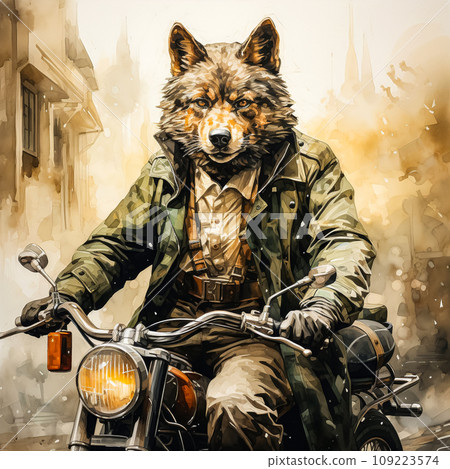 A wolf in a green raincoat rides through the city on a watercolor motorcycle 109223574