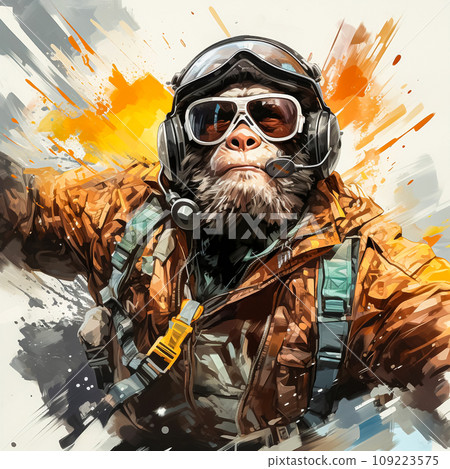 A whimsical watercolor image of a gorilla in a ski suit A whimsical watercolor image of a gorilla in a ski suit 109223575