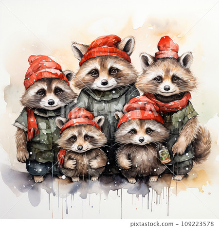 Family of raccoons in winter hats watercolor Family of raccoons in winter hats watercolor 109223578