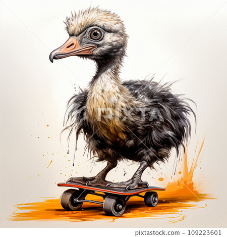 A watercolor image of an ostrich effortlessly riding a skateboard A watercolor image of an ostrich effortlessly riding a skateboard 109223601