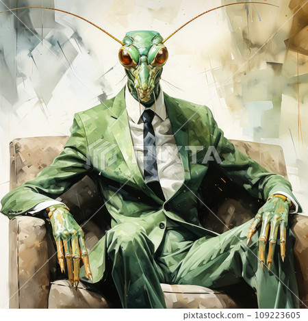 Awatercolor portrait features stylish grasshopper in business suit 109223605