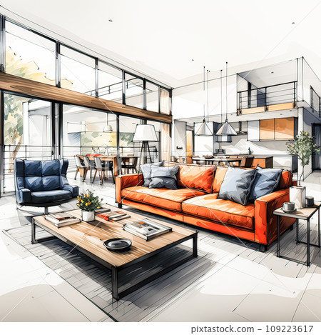 A watercolor portrayal of a living room, celebrating American modern style with creative flair A watercolor portrayal of a living room, celebrating American modern style with creative flair 109223617