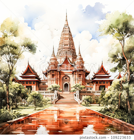 Watercolor liner sketch of an ancient temple in Thai style, a visual masterpiece Watercolor liner sketch of an ancient temple in Thai style, a visual masterpiece 109223633