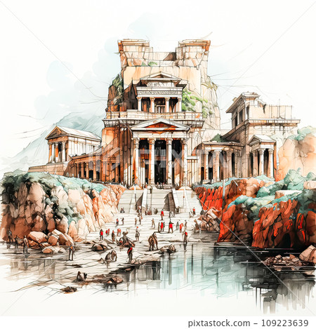 Sketch in watercolor liners celebrates the beauty of an ancient Greek style temple 109223639