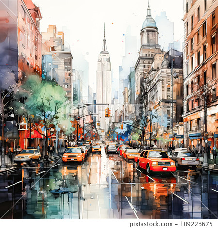 A watercolor portrayal of New York streets, skyscrapers, and urban vibrancy A watercolor portrayal of New York streets, skyscrapers, and urban vibrancy 109223675