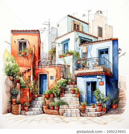 Watercolor captures the allure of Moroccan style homes nestled in lush streets amidst a stunning landscape 109223691