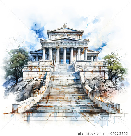Watercolor sketch captures the majesty of a Greek style temple, an artistic treasure Watercolor sketch captures the majesty of a Greek style temple, an artistic treasure 109223702