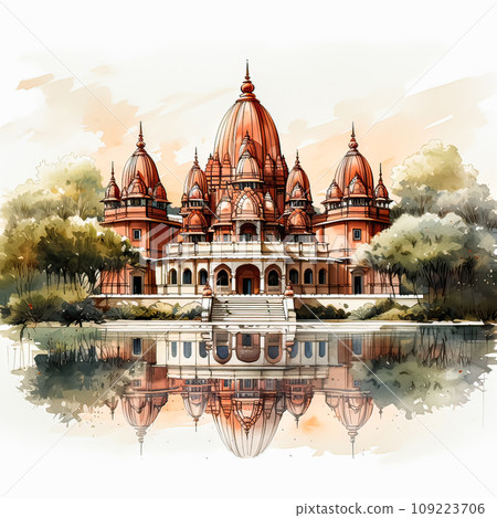A watercolor sketch unites a traditional Indian style temple with the serenity of the outdoors 109223706