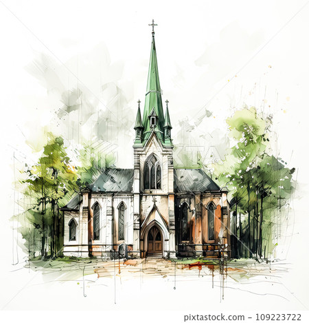 Watercolor artwork showcases a church liner sketch in refreshing green, a blend of design and creativity. 109223722