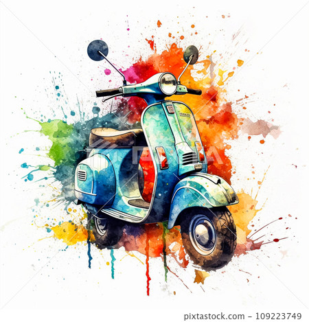 Vivid Watercolor Scooter Whimsical splashes on a diverse backdrop 109223749