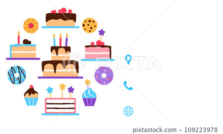 Confectionery visit card design template. Baked sweet dessert food business card. Bright colorful flat tasty elements donut cake slice muffin cookie for pastry shop or cafe vector illustration. 109223978