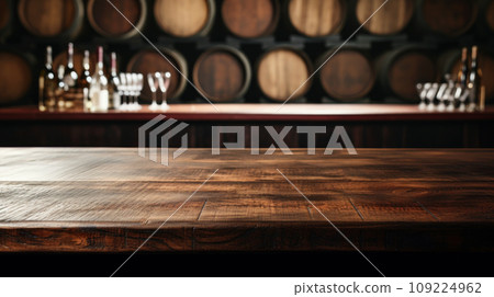 Old brown wood table on blurred wine cellar background, empty vintage desk in restaurant, bar or cafe. Wooden barrels in storage of winery. Concept of design, product, advertising 109224962