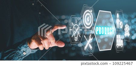 Product concept, Businessman hand touching product icon on virtual screen with blue bokeh background. 109225467