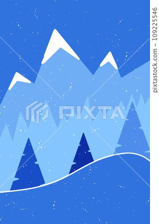 Snowy mountain landscape with towering peaks and pine trees 109225546