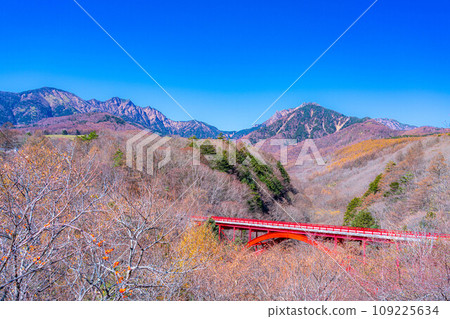 [Autumn material] Higashizawa Bridge and Yatsugatake in late autumn with blue skies [Yamanashi Prefecture] 109225634