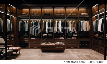 Elegant minimalist male walk in wardrobe with clothes hanging on rods, shelves and drawers. Elegant minimalist male walk in wardrobe with clothes hanging on rods, shelves and drawers. 109226005