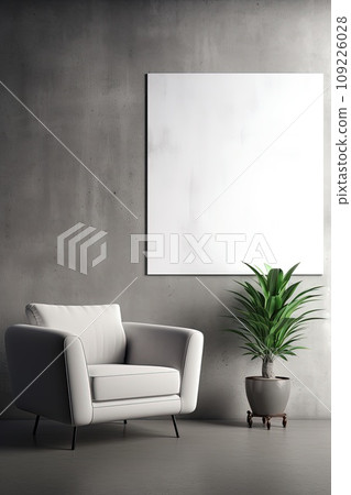 An armchair, house plant and a big art in modern home decoration. An armchair, house plant and a big art in modern home decoration. 109226028