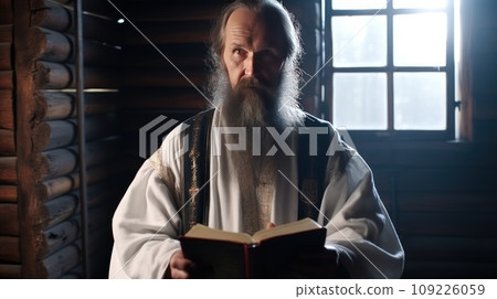 Orthodox priest in traditional robe holds open Bible standing in cell window sunlight Orthodox priest in traditional robe holds open Bible standing in cell window sunlight 109226059