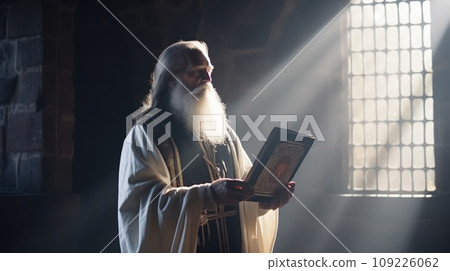 Orthodox priest in traditional robe holds open Bible standing in cell window sunlight 109226062