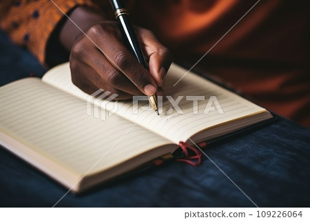 Man writes on empty notebook page with pen sitting at wooden table in room closeup 109226064