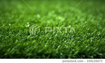 Lush green lawn grass with white line marking at new large football stadium closeup 109226073