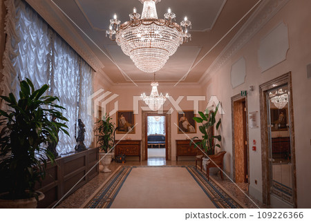 A luxurious and elegant hallway with a chandelier, potted plants, and carpeted flooring. Well-lit with a warm glow, exuding opulence and grandeur, perfect for Venice interior photography. 109226366