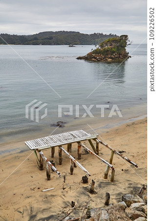 Sea bay harbor landscape, Oban, New Zealand, abandoned pier ruins Sea bay harbor landscape, Oban, New Zealand, abandoned pier ruins 109226502