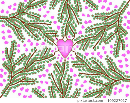 A pink heart sitting in the middle of a pattern of green branches and pink hearts on a white background 109227017