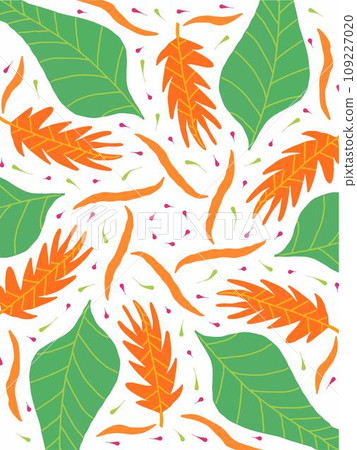 Seamless pattern of green and orange leaves on a white background 109227020