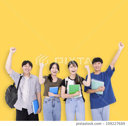 Group of stylish teenager students on yellow background 109227689