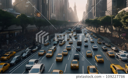 A large dystopian traffic jam in a city. 109227786