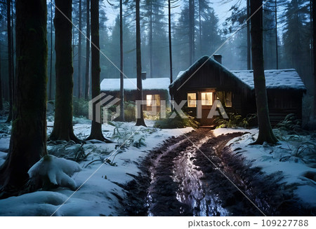 A secluded cabin in the woods on a winter's night. 109227788