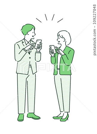 向量圖的商人和女商人看著他們的智慧型手機和談話。全身。 向量圖的商人和女商人看著他們的智慧型手機和談話。全身。 109227848